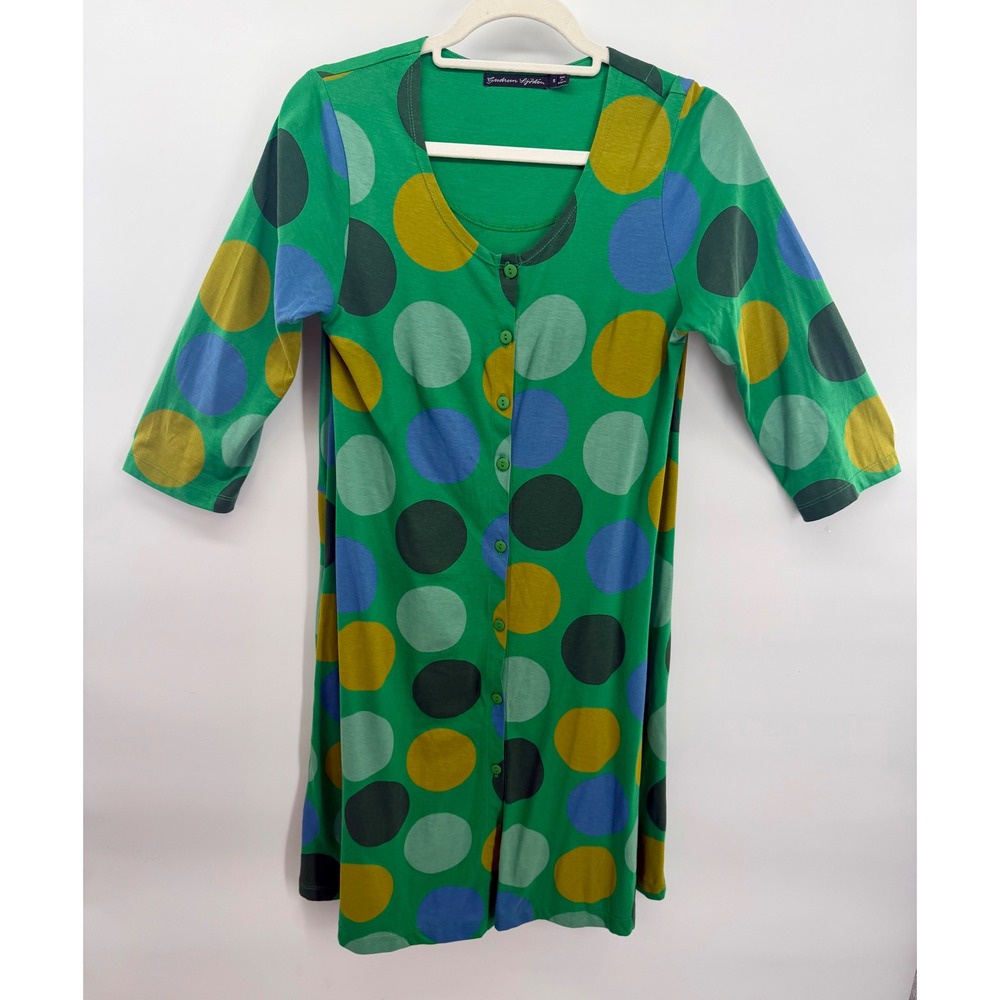 Gudrun Sjödén Dress Green Polka Dot Button Front 3/4 Sleeve Sz S Lagenlook